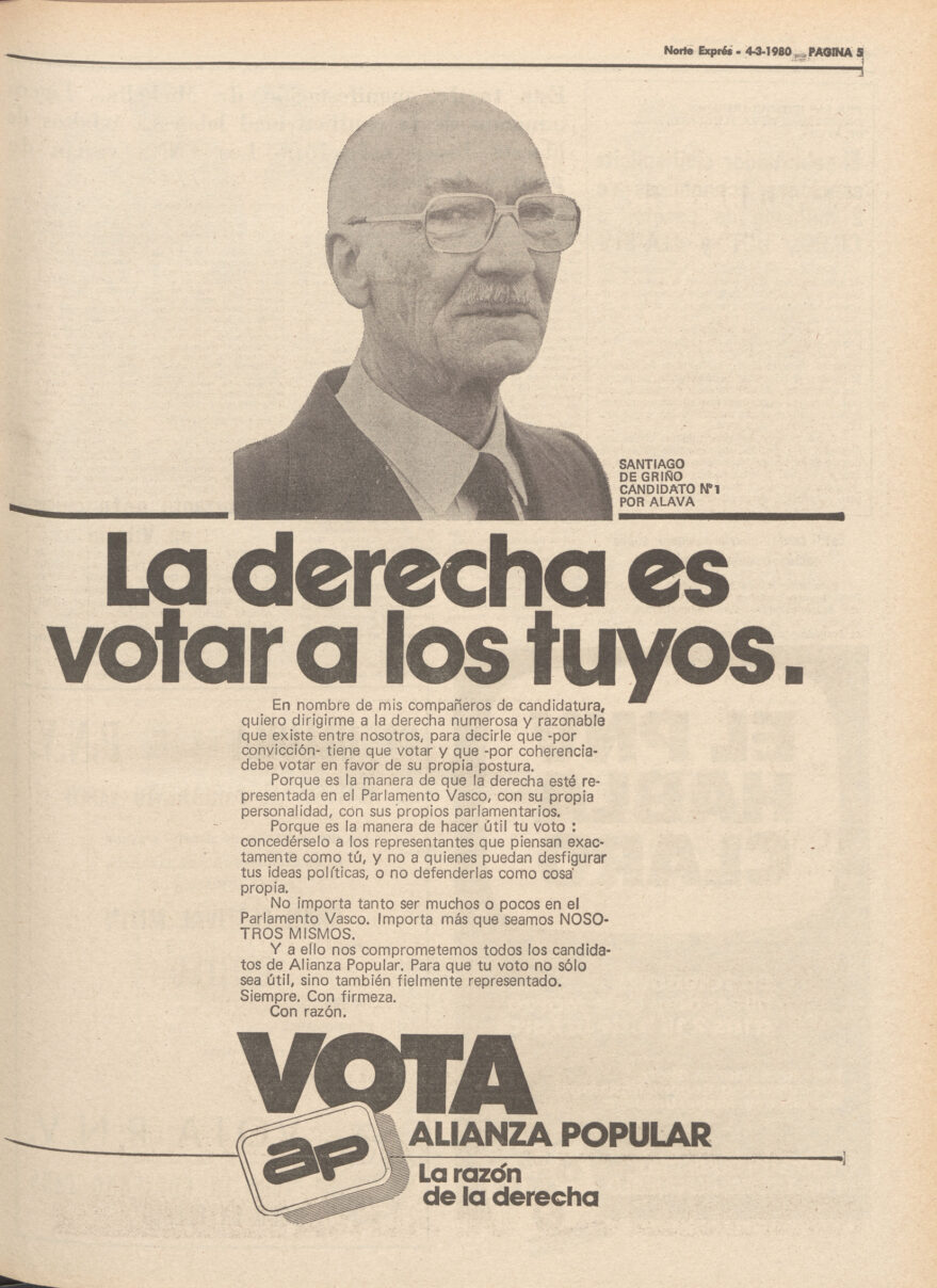 Publicidad de Alianza Popular para las elecciones al Parlamento Vasco de 1980. Norte Expres 4 de marzo de 1980. Hemeroteca Liburuklik.